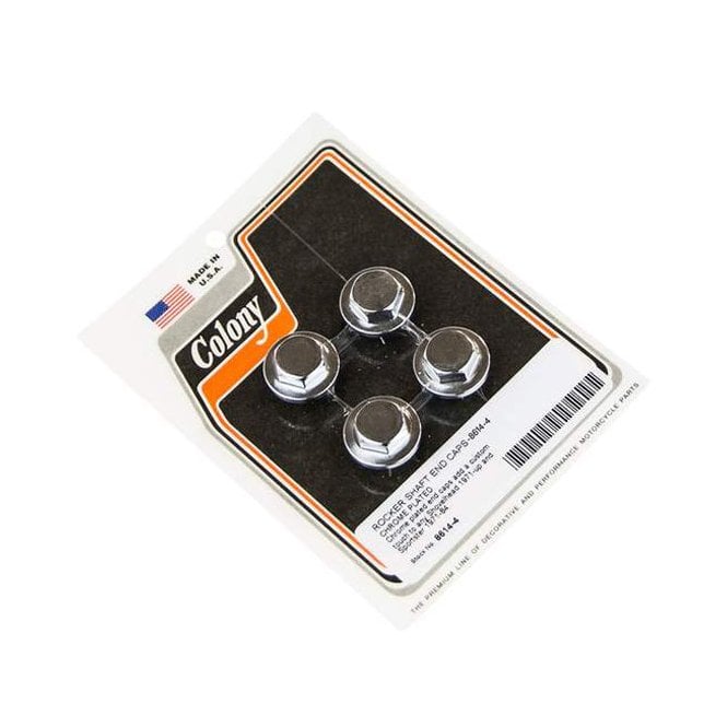 Colony rocker shaft end plug set. Hex style. Chrome 71-84 Shovelhead; 71-85 XL